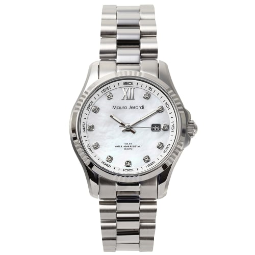

Mauro Geraldi Solar Watch, All Stainless Steel, 10 ATM Water Resistant, Calendar, Zirconia, MJ037 (MJ037-3/White)