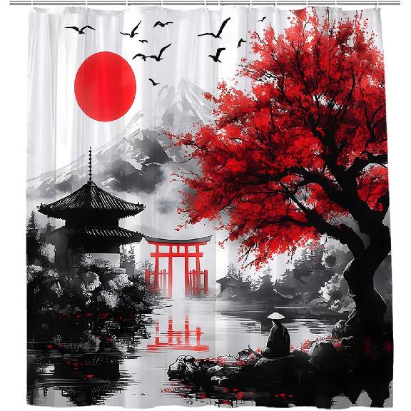 Asian Japanese Cherry Blossom Shower Curtain Rustic Farmhouse Floral Watercolor Oil Painting Flowers Anime Chinese Style Mountains Lakes Landscape