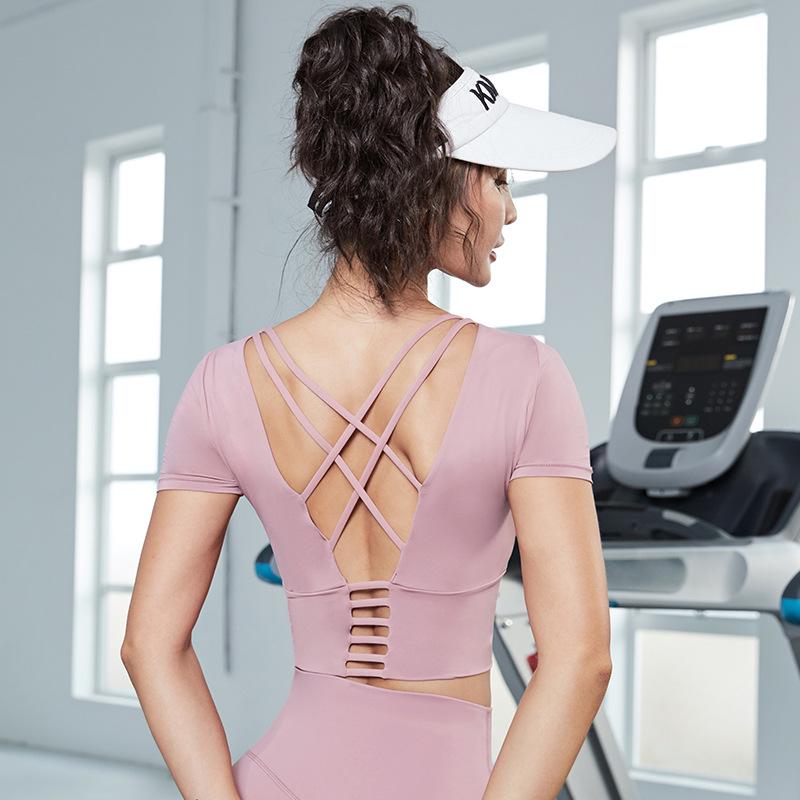 Women's Short Sleeve Yoga Crop Top with Chest Pads - Tight Fit Running and Fitness Vest