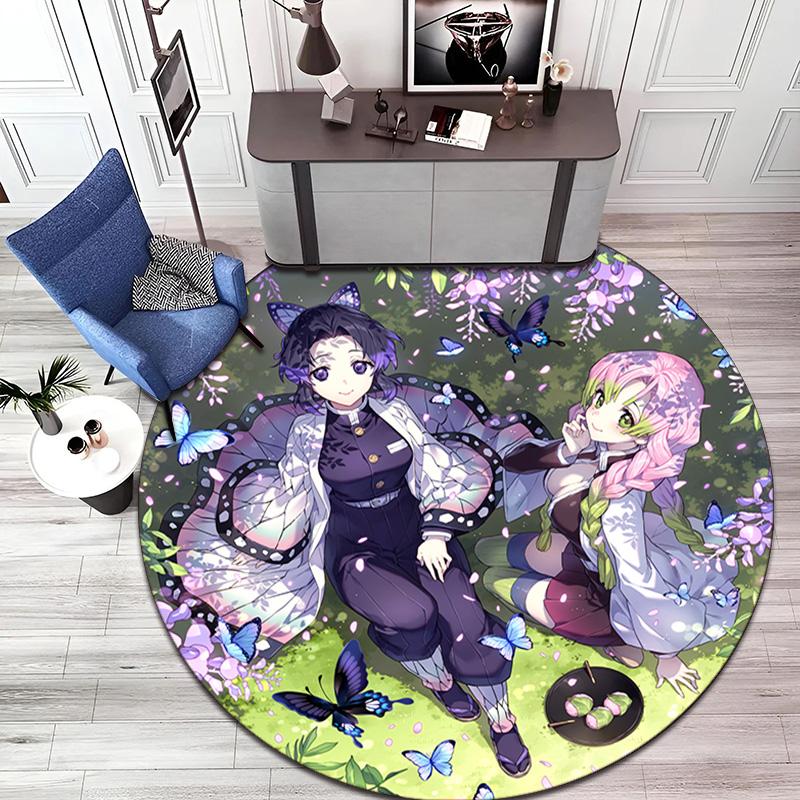Classic Japanese-style Cartoon Demon Slayer Round Rug, Home Soft Decorative Anti-slip Yoga Mat and Chair Mat, Outdoor Floor Mat Carpet K10