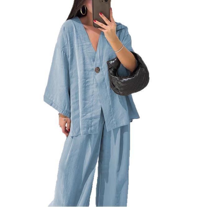 2025 European & American Women's V-neck Top and Wide-leg Pants Set: Casual, Stylish, Loose Fit