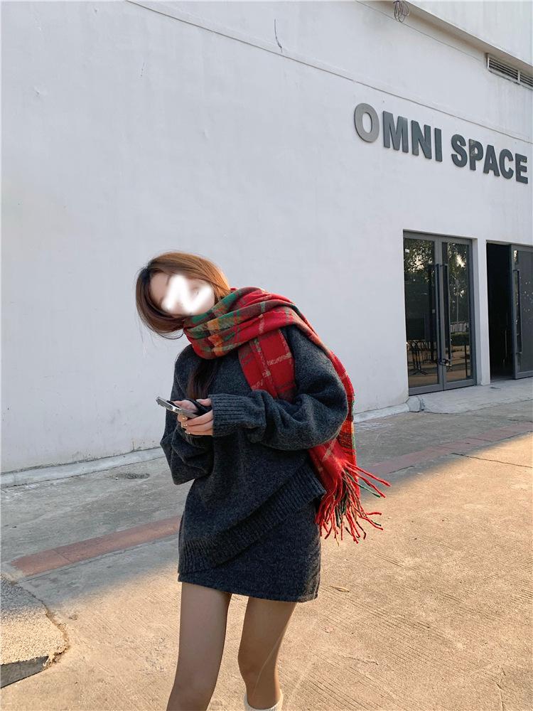 Cozy Gray Sweater & High Waist Midi Skirt Set - Soft Knit Pullover, Perfect for Autumn & Winter