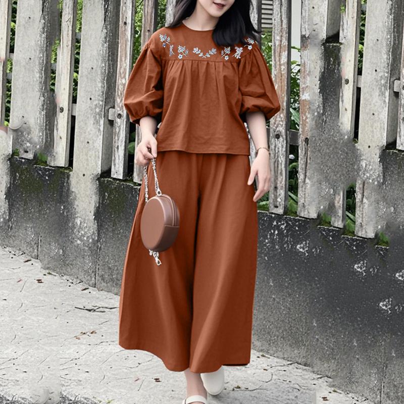 

ZANZEA Women 3/4 Sleeve Print Blouse and Pants Casual Two Piece Suit Sets 5XL коричневий