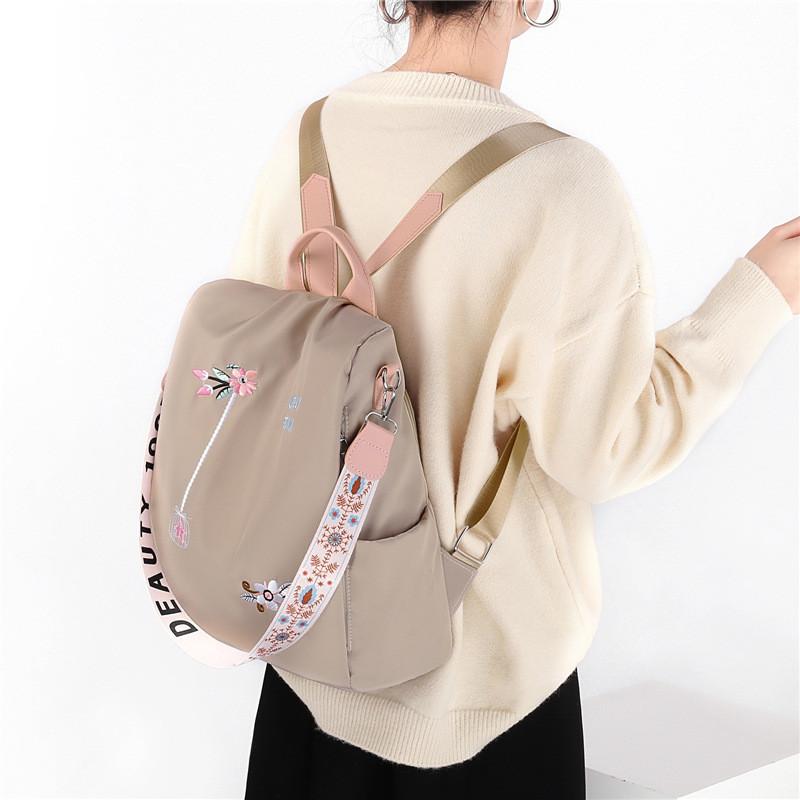 Floral Embroidered Double Backpack Large Capacity Women's Bag Oxford Fabric Blue Black Khaki
