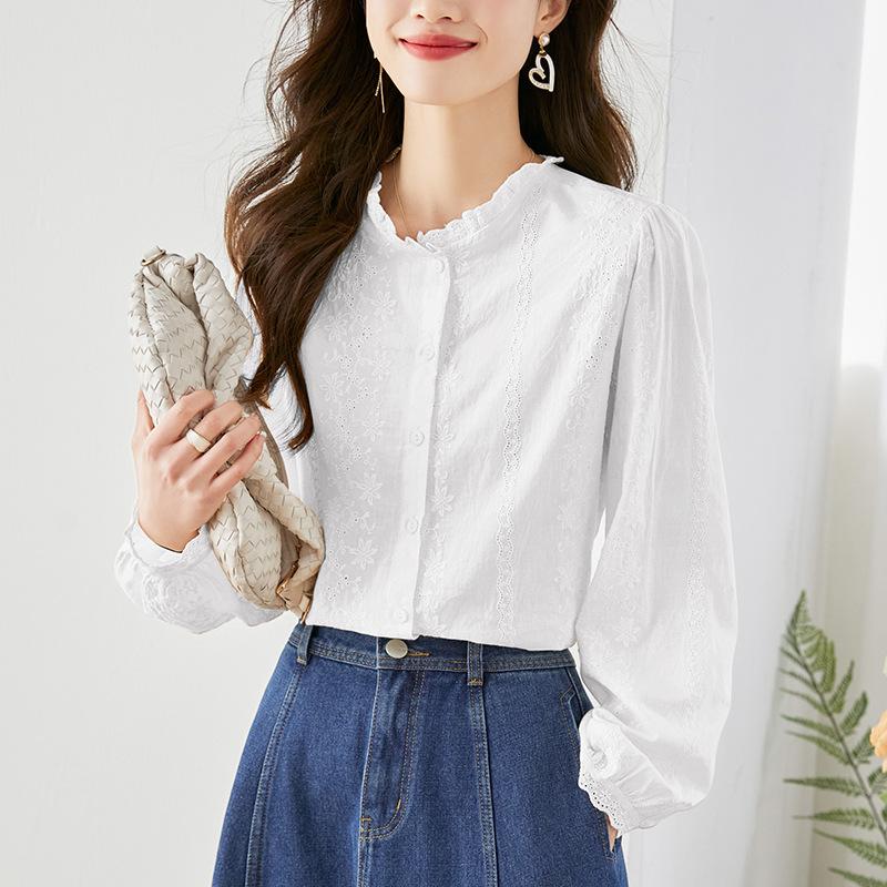 

Embroidered Hollow Apricot Shirt for Women s Long-sleeved New Design and Unique Commuting Temperament Pure Cotton Top M