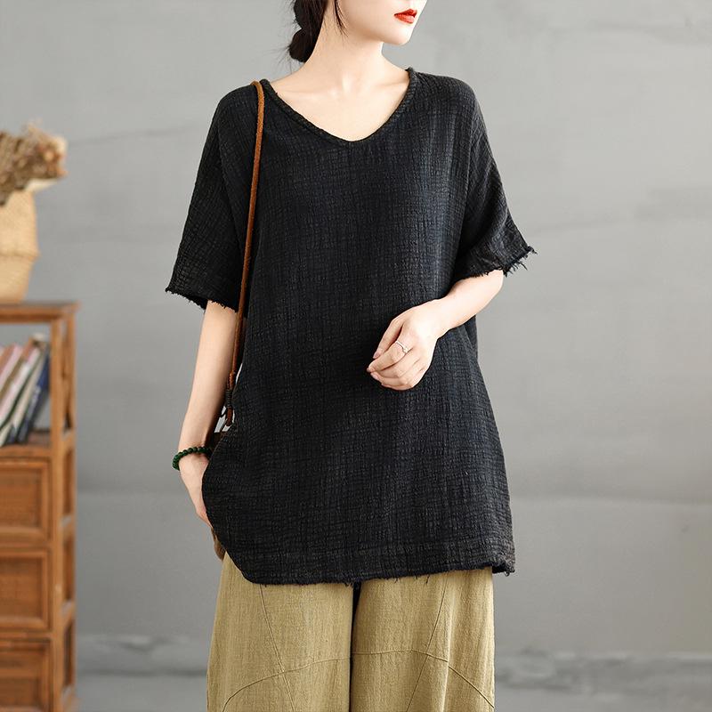 Cotton Linen Double Layer V-Neck Short Sleeve Artistic Top for Women L чёрный