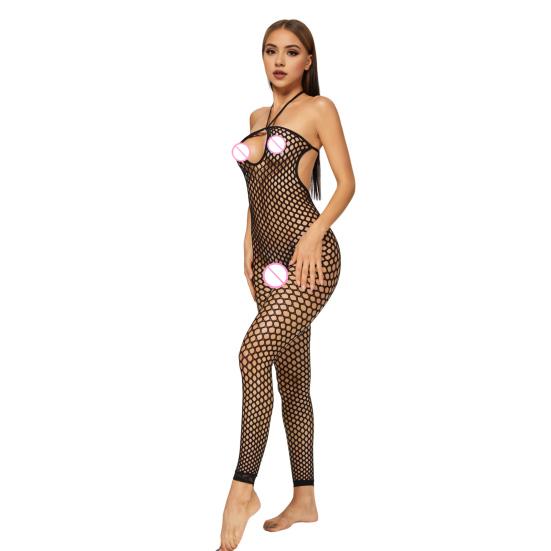 Women Jumpsuit Halter Neck Hollow Out Fishnet Backless Sleeveless Slim Fit Nightwear Open Crotch See-through Seductive Bodysuit for Bedroom Honeymoon