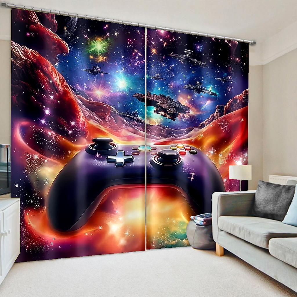 3D Galaxy Gamepad Vorhänge 2 Paneele Bunter Universum Sternen Druck Sonnenschutz Schlafzimmer Dekor Gamer Favorit Sci-Fi Weltraum Thema