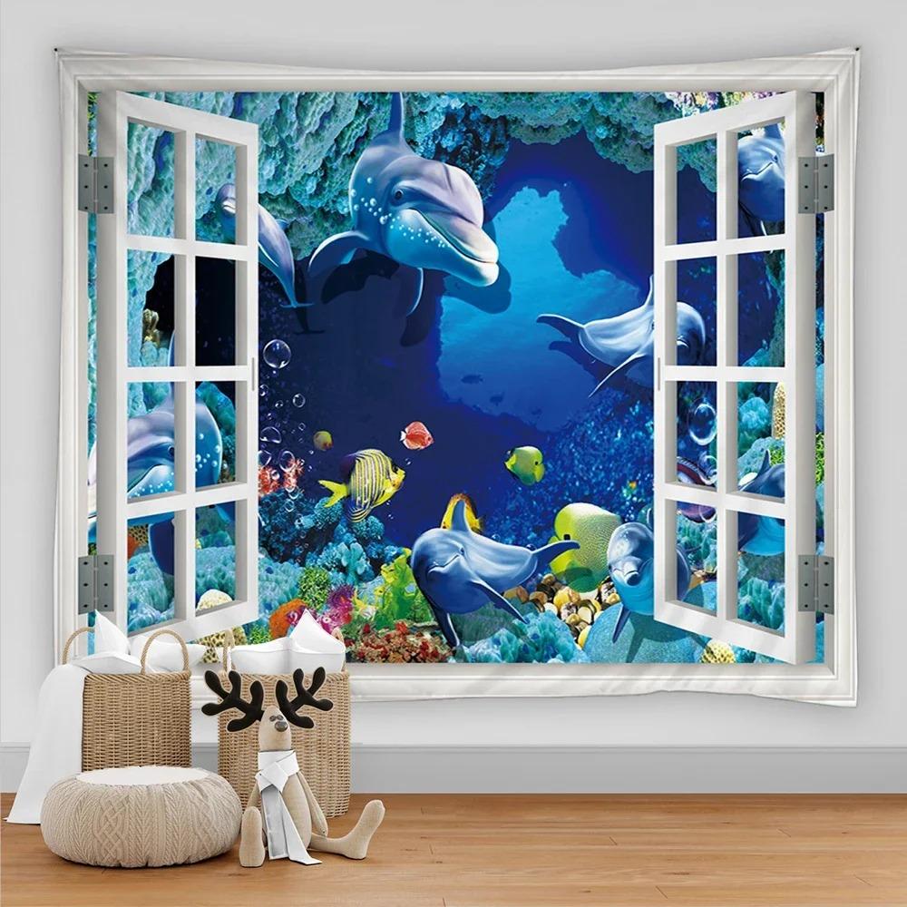 Marine Animal Home Decorative Fabric 3D Digital Printing Tapestry Psychedelic Undersea World Sea Fish Dolphin