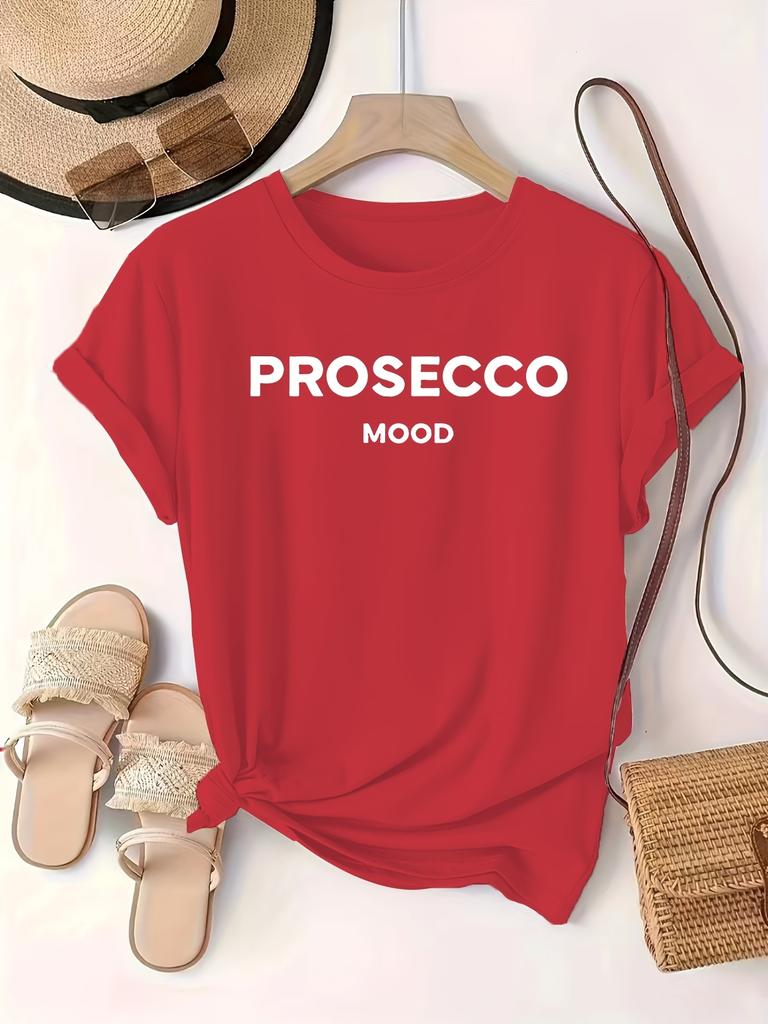Women'S Casual Crew Neck T-Shirt with "PROSECOO MOOD" Lettering Polyester Knit Fabric Short Sleeve Top for All Seasons
