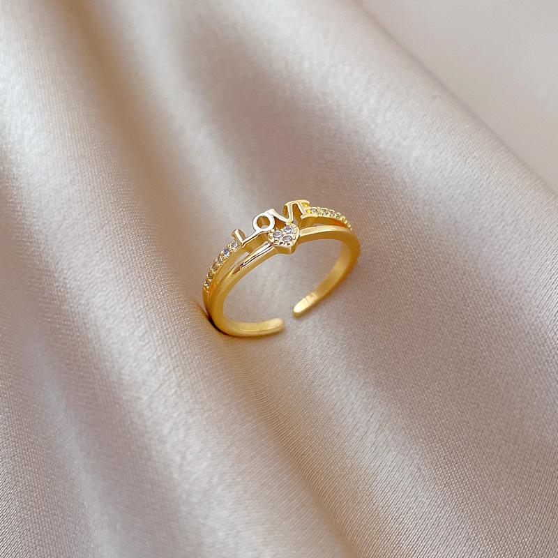 Real Gold Love Love Zircon Ring Opening Adjustable Simple Jewelry Japanese Ring Couple Ring