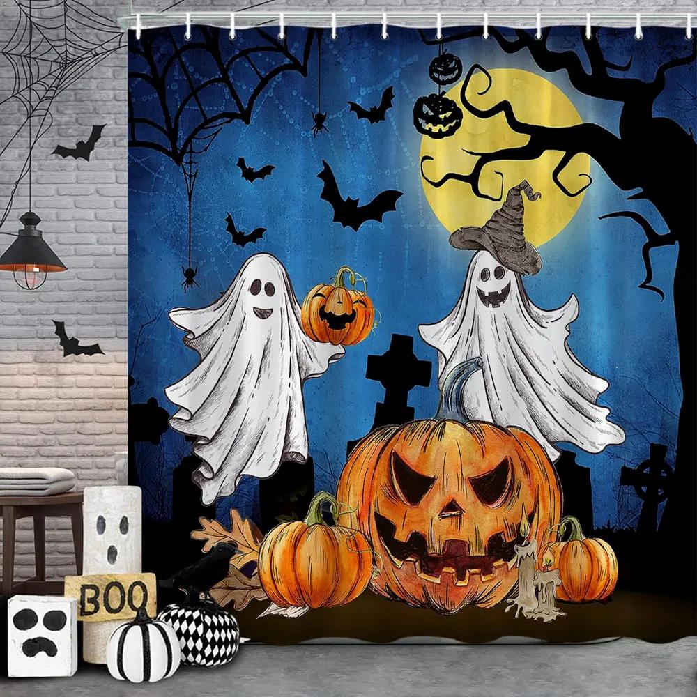 Bathroom Halloween Gnome Truck Shower Curtain Pumpkin Trick-or-Treaters Spooky Witch Spooky Skull Fabric Shower Curtain Festive
