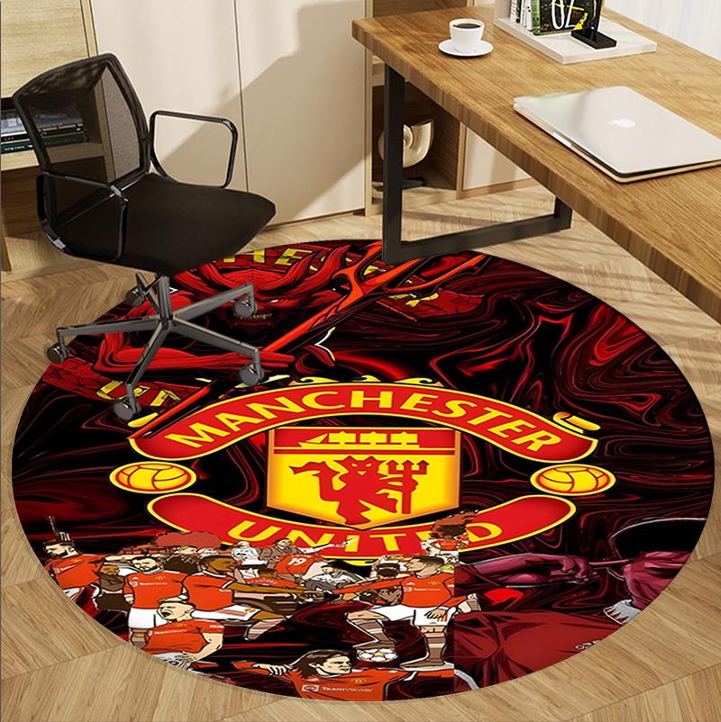 Manchester United F.C Pattern Round Rug, Indoor/Outdoor Mat, for Picnic, Gameroom, Bedroom, Office, Living Room, Home Decor Carpet, Birthday Gift