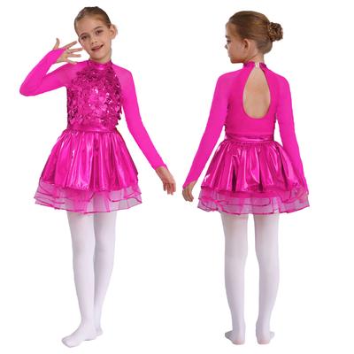 Dívčí metalické tutu šaty průsvitný síťovaný dlouhý rukáv zadní výstřih s klíčovou dírkou třpytivé flitry výkonnostní outfit