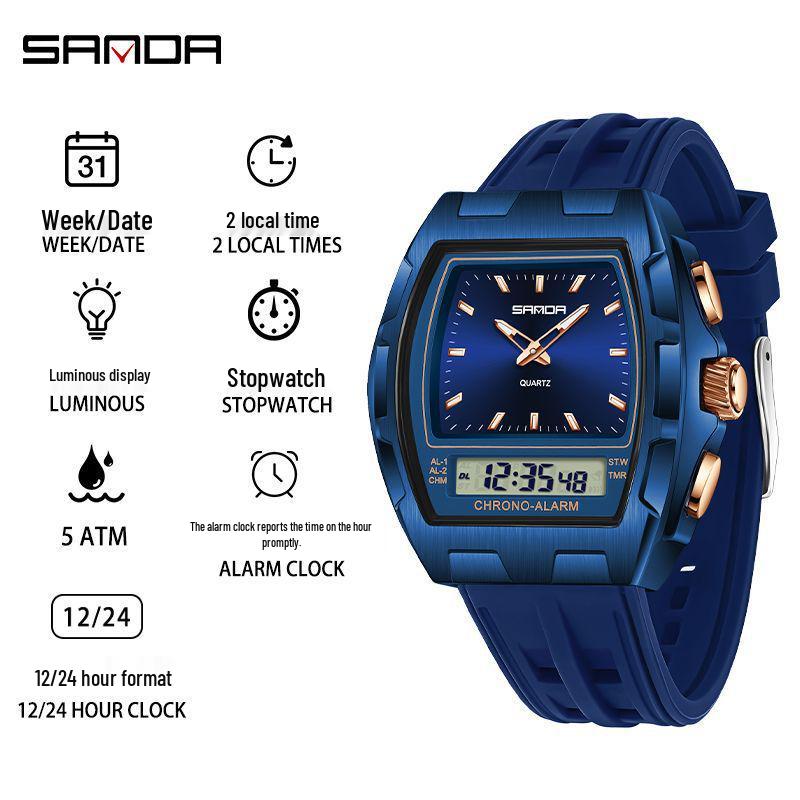 SANDA Men's Multifunctional Sports Watch - Dual Display, Waterproof, Casual & Versatile.