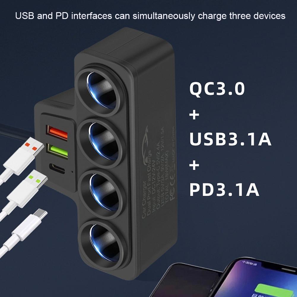Phone Power Adapter QC3.0+PD 3.1A 120W Car Cigarette Lighter Socket Splitter Plug 4-Socket 3 USB Ports USB Phone Charger Adapter