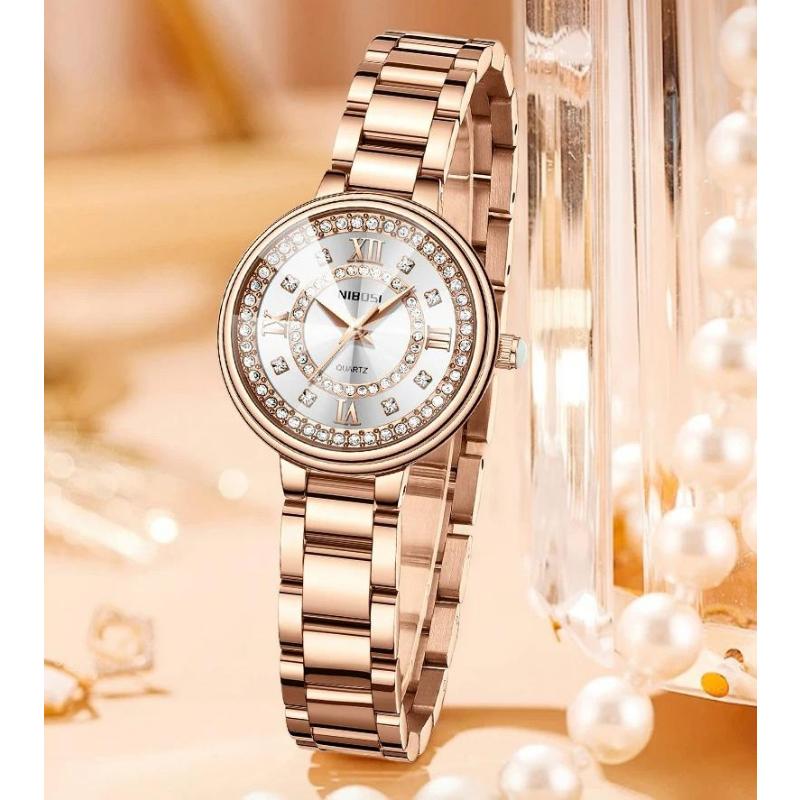 NIBOSI Diamond Dial Quartz Watch for Women Fashion Elegant Ladies Watches Stainless Steel Waterproof Women's Wristwatch