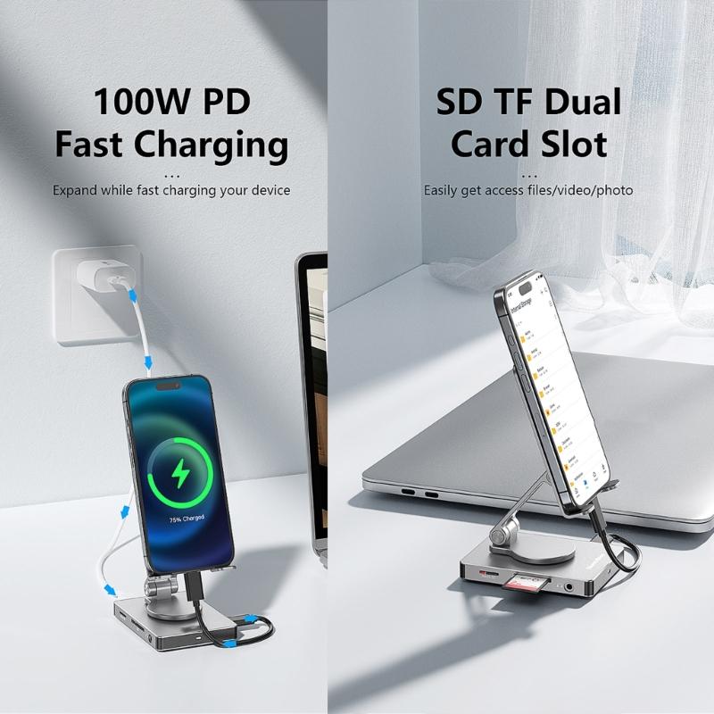 Rotating Aluminum Phone Hub 8 in 1 USB C Docking Station 5Gbps 100W PD Charging Foldable Stand for Multiple Devices