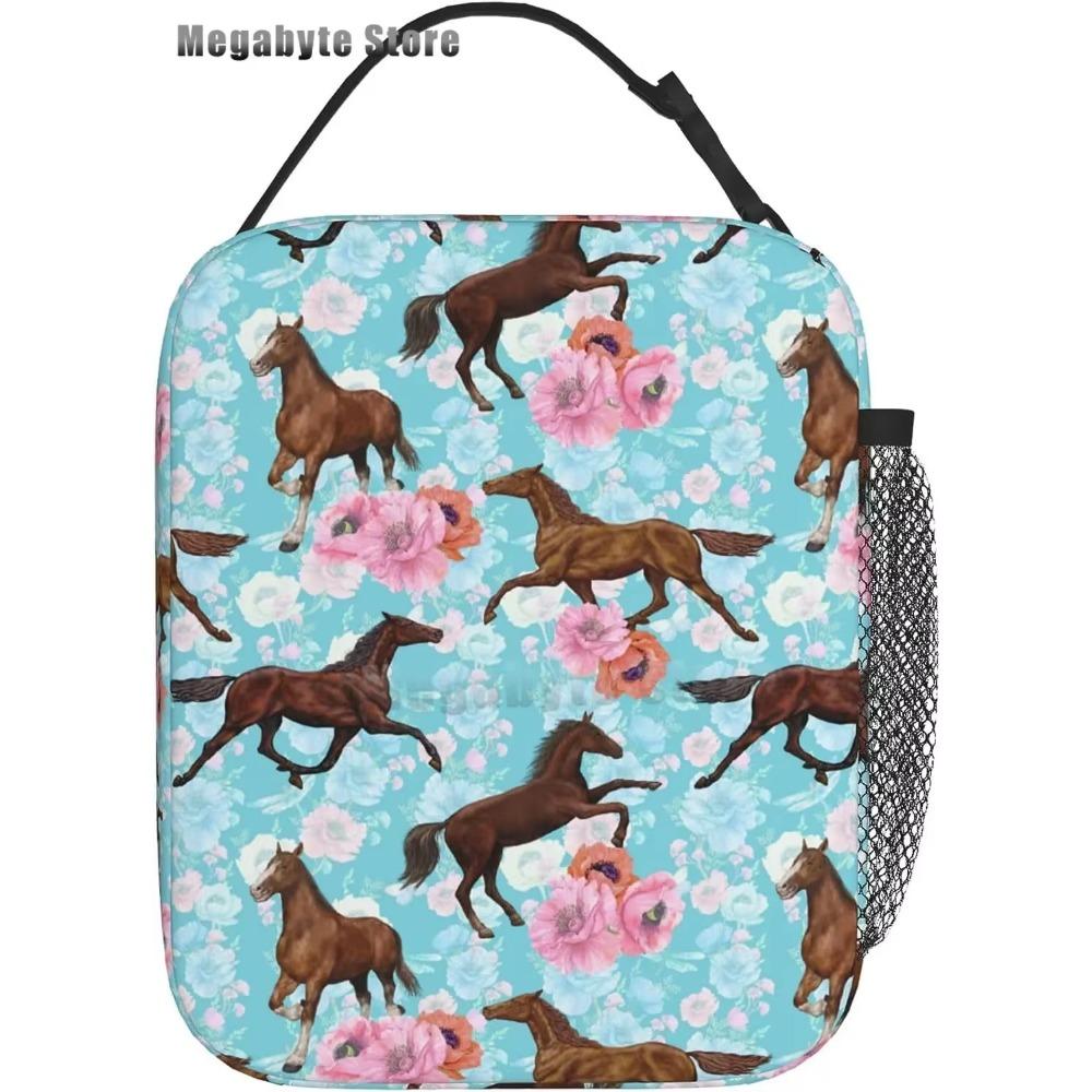 Horse And Flower Lunch Box Insulated Lunch Bags Zipper Lunch Bag Cooler Tote Bag For Teens Men Women Office Picnic