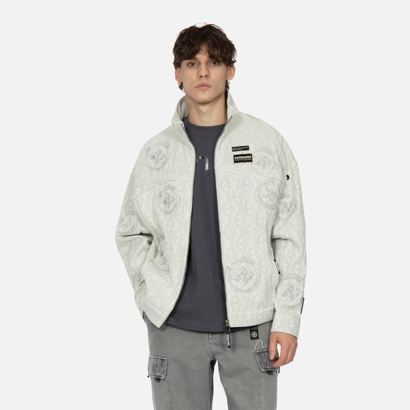 Evisu Kuro SS24 Allover Logo Jacquard Oversized Stand Collar Truck Jacket Men Jackets Beige 2ESGNM4JK5083OSCT