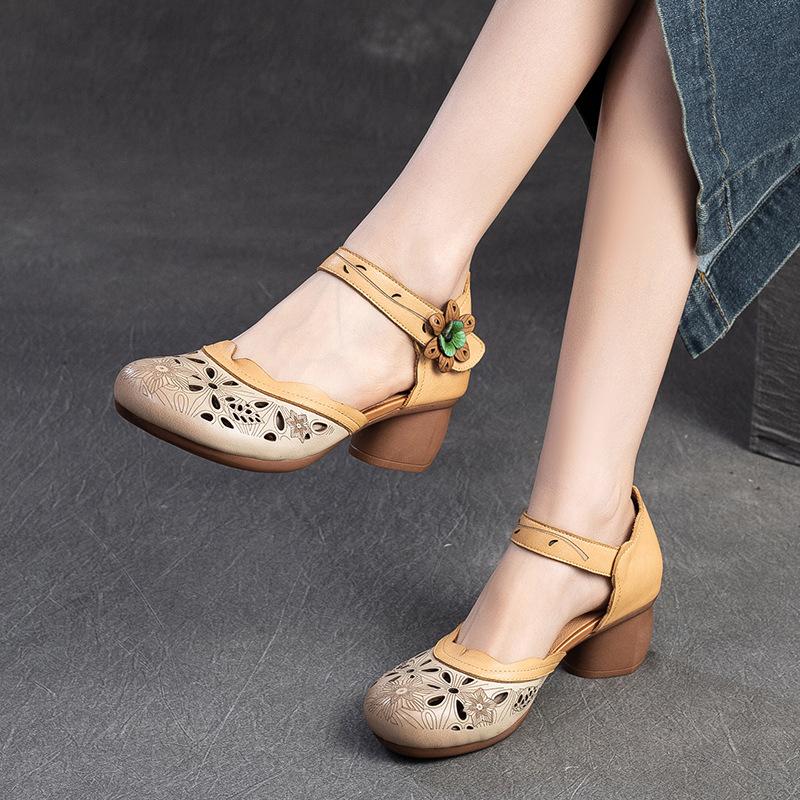 Fashion GKTINOO 2025 New Women Sandals Summer Genuine Leather Thick Heels Sandals Retro Style Round Toe Casual High Heel Mom Shoes