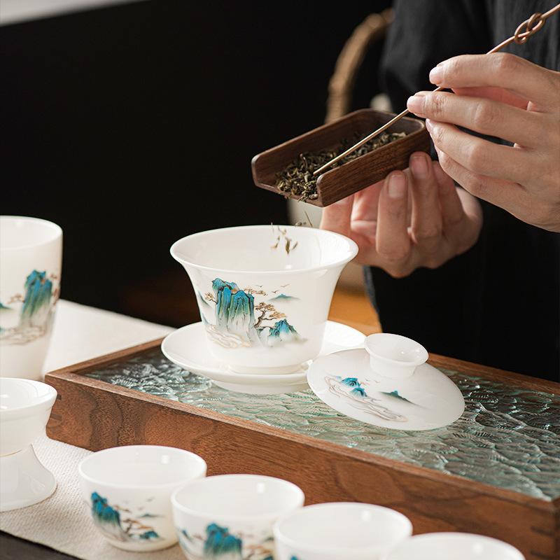 Tea set White porcelain household ceramic teapot cover bowl tea tray Suet jade high-end tea gift
