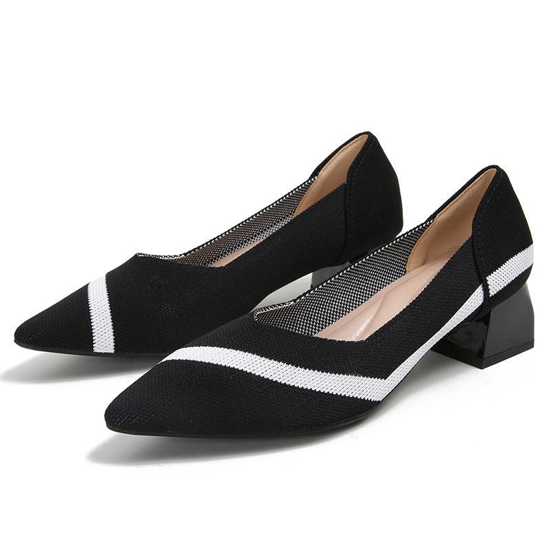 Flying Woven Single Shoes Temperament Fan Color Medium Heel Knitted Pointed Boat Shoes Single Thick Heel