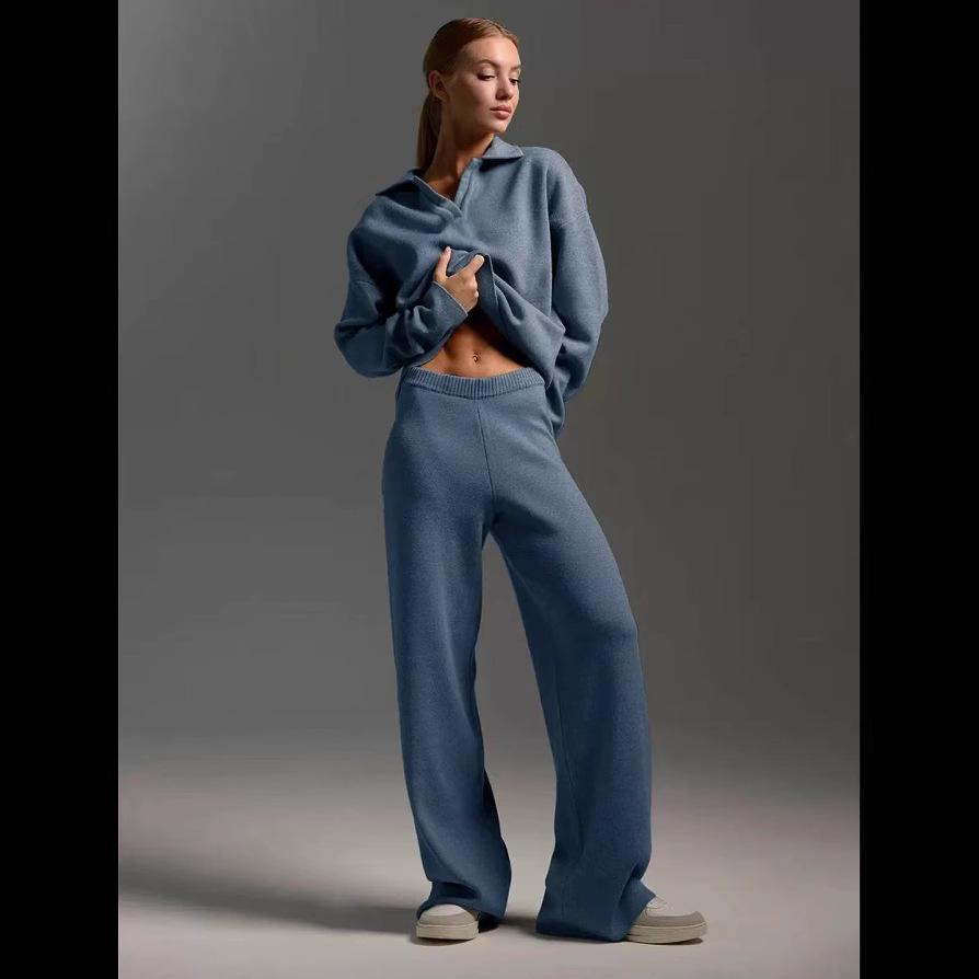 Европейский и американский осенне-зимний трикотажный комплект поло: Свитер Пуловер + Брюки Широкие Small синий