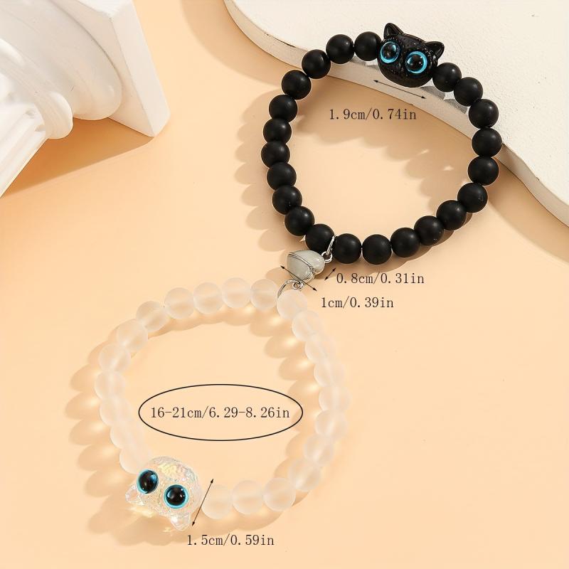 2Pcs Luminous Black White Cat Couple Bracelet Set Heart Magnet Elastic Wristband Gift Jewelry Accessories