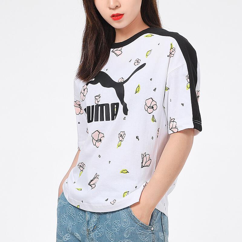 Puma Casual All-Over Print Crew Neck T-Shirt Women Tops White 532043-02