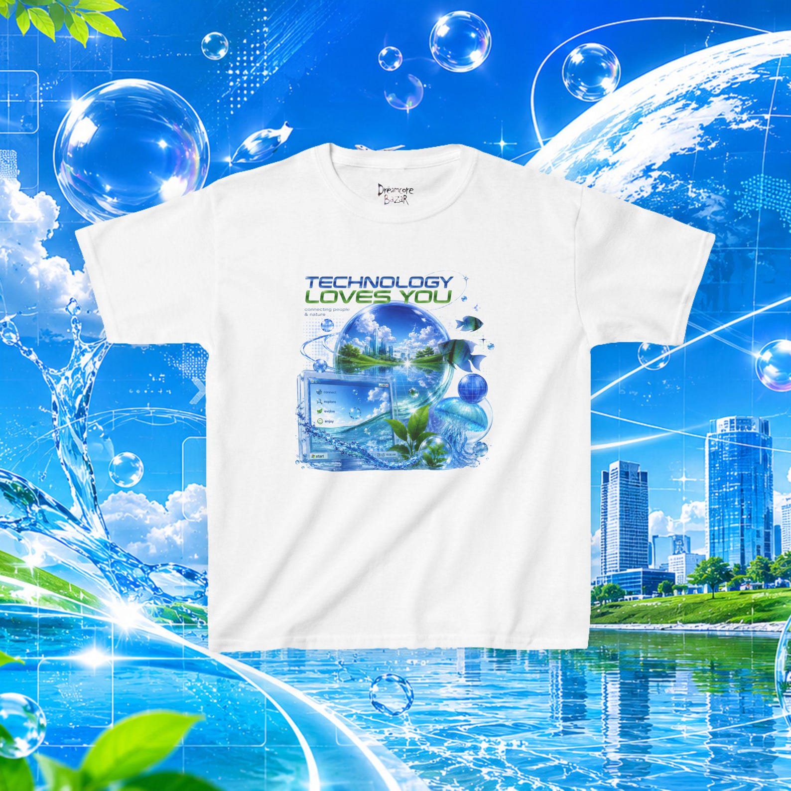 Technology Loves You Kids Tee |Frutiger Aero Futuristic Earth, Blue Tech Graphics L