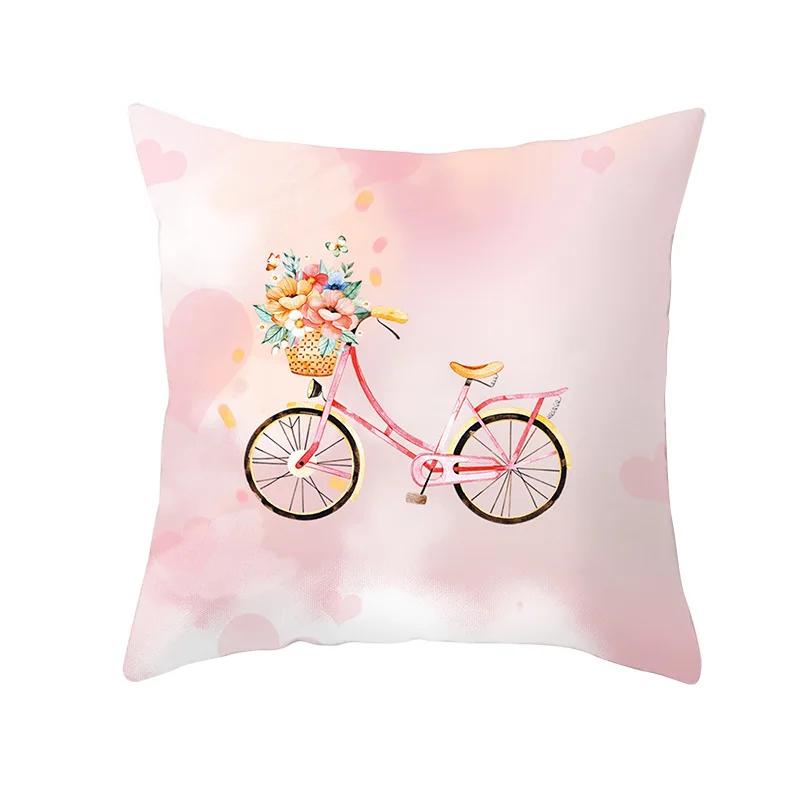 Valentine's Day Bicycle Flower and Grass Print Cushion Cover Home Living Room Sofa Decoration Pillow
