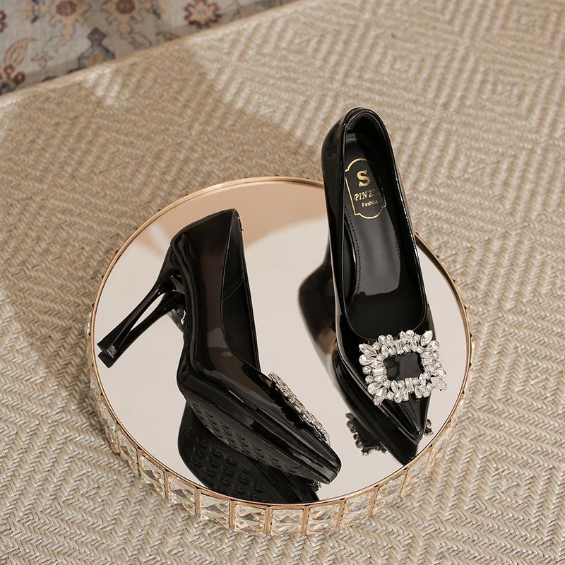Rhinestone Square Buckle Patent Leather High Heels Women's Pointed Head Thin Heel Waterproof Table Black Temperament Royal Sister Wind Shallow Mouth