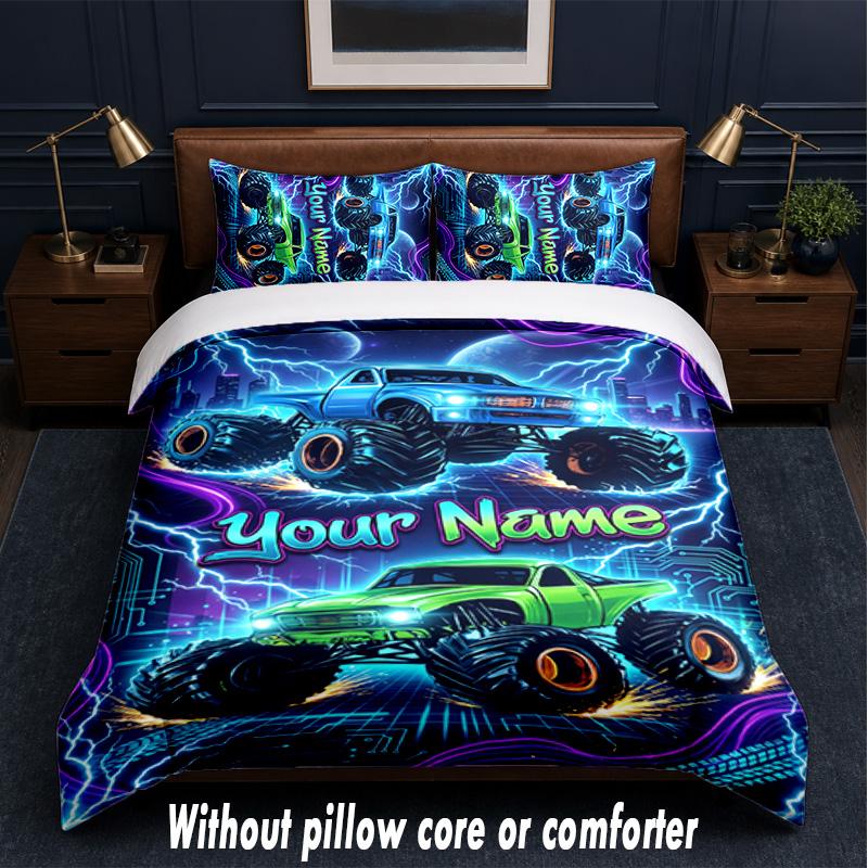 Monster Truck Theme Custom Text Or Name 3Pcs Bedding Set,1 Flat Sheet & 2 Pillowcases Personalized Home Bedding