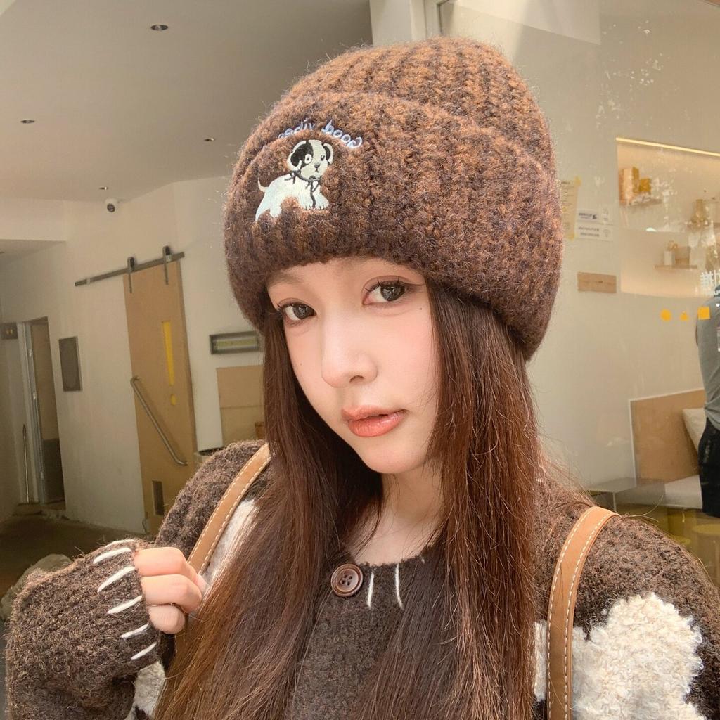 Cute Puppy Knitted Hat Autumn and Winter Face Small Hat Women's Lazy Wind Wool Hat Warm Ear Protection Cold Hat
