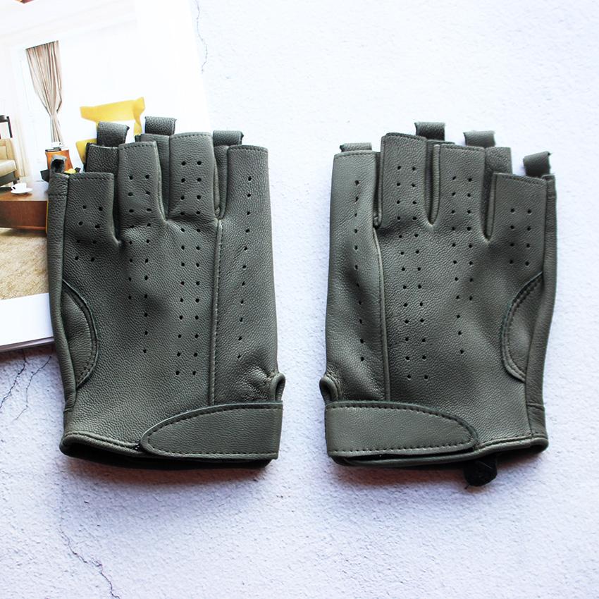 Summer Driving Men's Leather Gloves Single-Layer Unlined Thin Fashion Hollow Motorcycle Riding Gloves Military Green