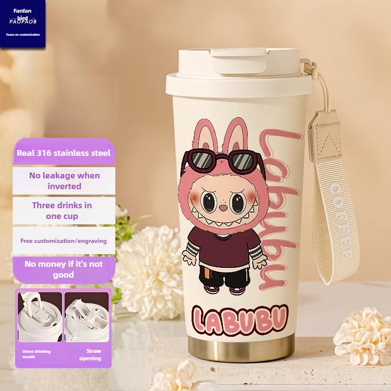 Tecknad Rostfri Stålkopp Högvärdig Termosmugg 3D Dubbel Drickstrå Kaffekopp