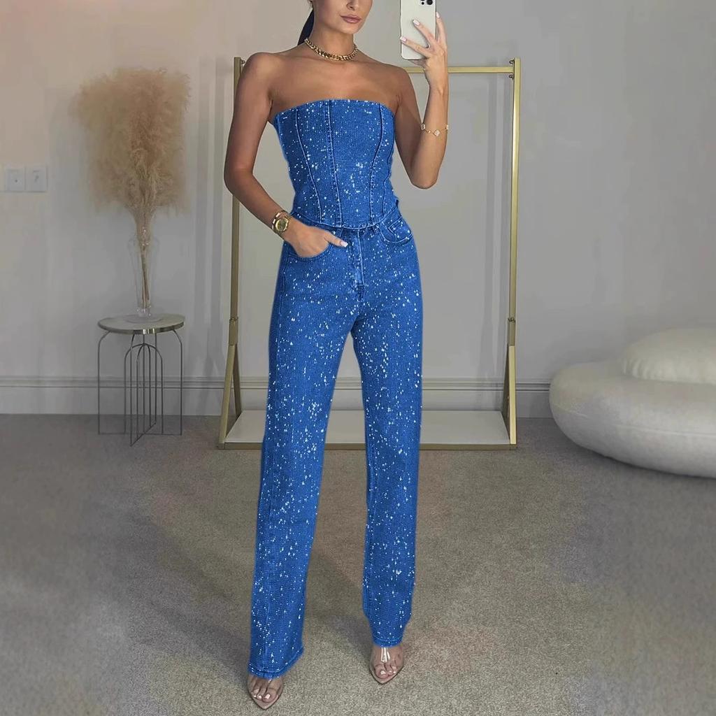 Sexy Off-the-shoulder Shiny Vest Diamond Trousers Suit Two-piece Women