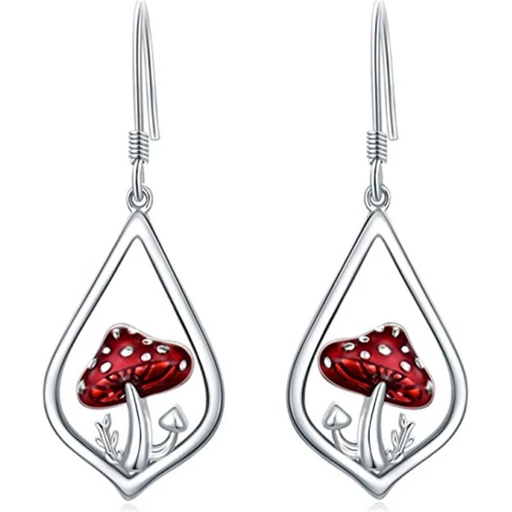 

Charm Female Red Enamel Mushroom Drop Earrings Cute Trendy Bridal Silver Color Dangle Wedding For Women