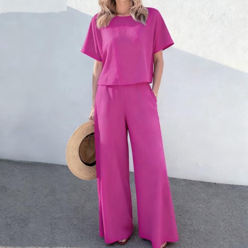 Fashion Women's Casual Top Wide Leg Pants Set Cotton Linen Pants Top Two-piece Set