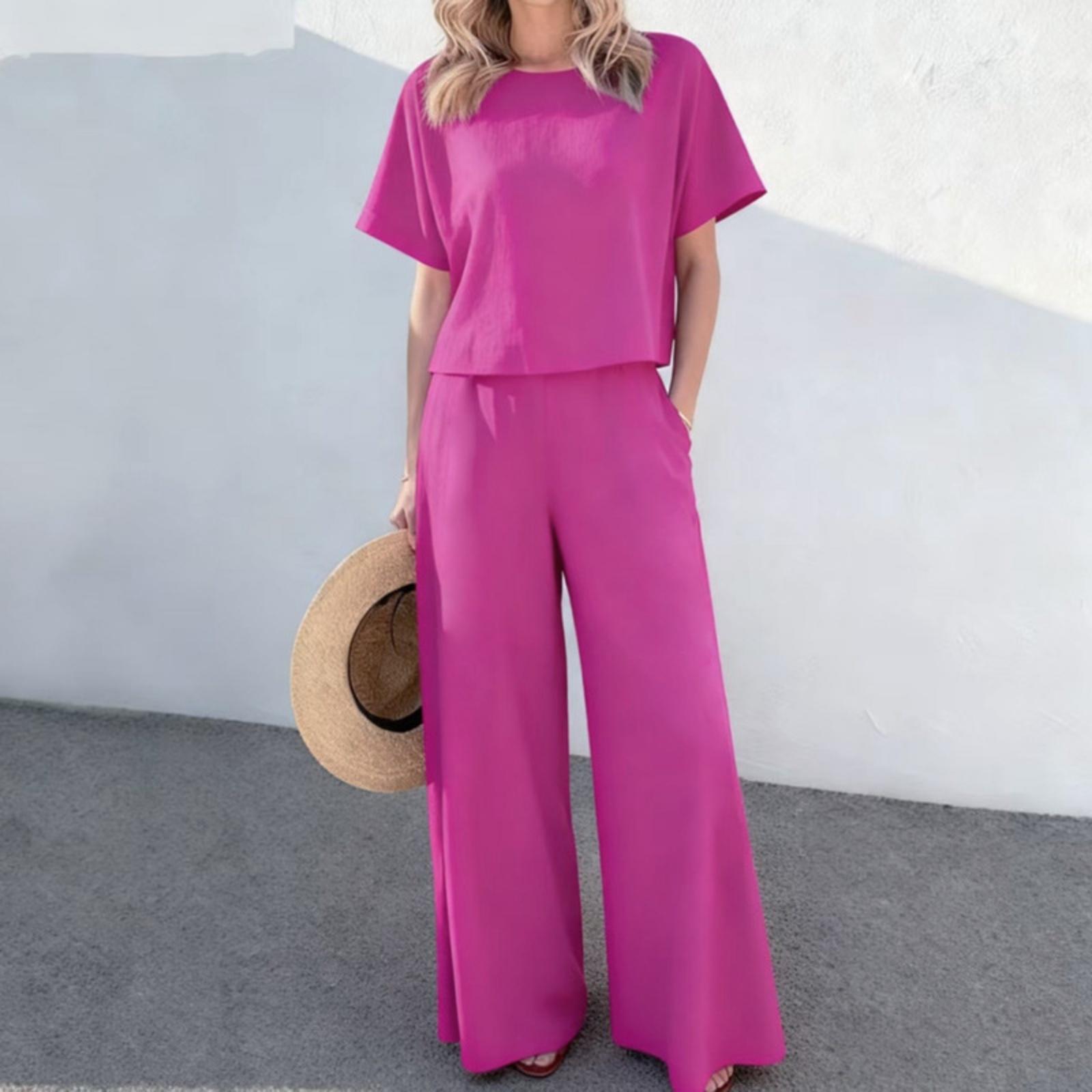 Fashion Women s Casual Top Wide Leg Pants Set Cotton Linen Pants Top Two-piece Set S розовый