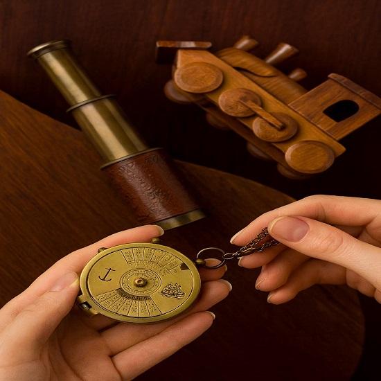 Nautical Brass Compass with 100-Year Calendar, Custom Engraved with Leather Case