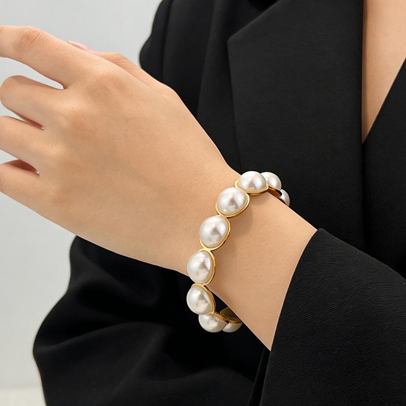Exaggerated Imitation Pearl Bracelet for Women Vintage Stainless Steel Smooth Heavy Metal Open Bangles Steampunk Jewelry