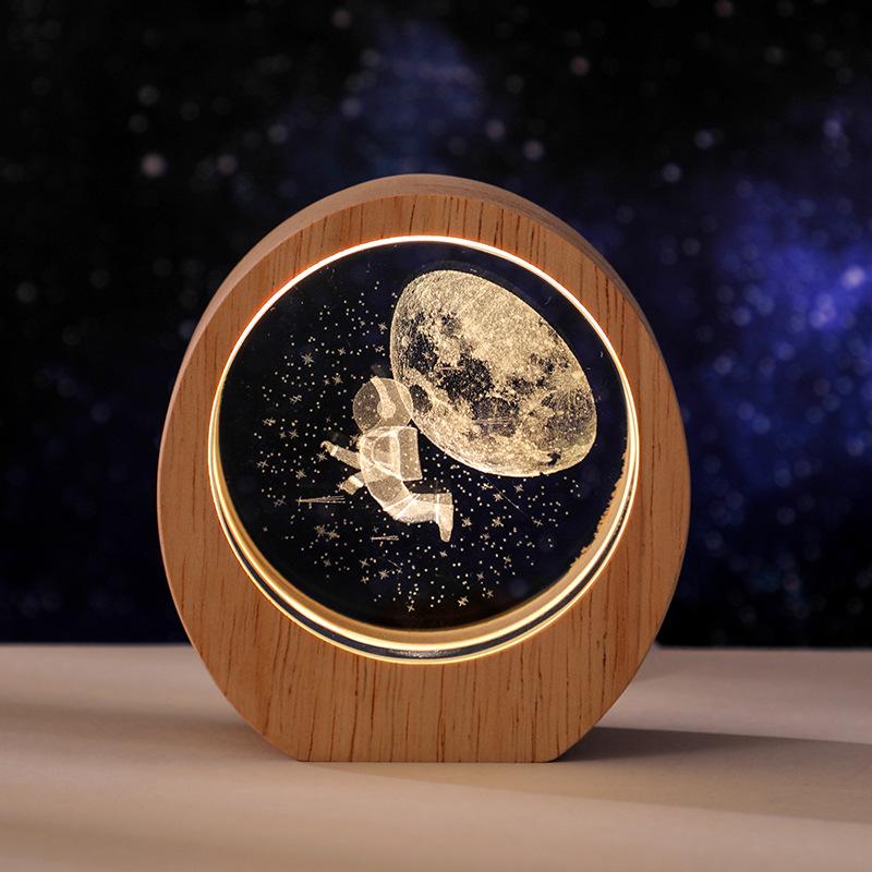 Planet Night Light 3D Inner Engraving Luminous Crystal Desktop Ornament Wooden Base
