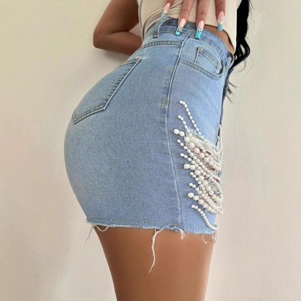 Women's High Rise Distressed Denim Shorts Straight Leg Pearl Beaded Hot Pants Streetwear Summer Casual Jean Shorts For Club Party Daily Wear