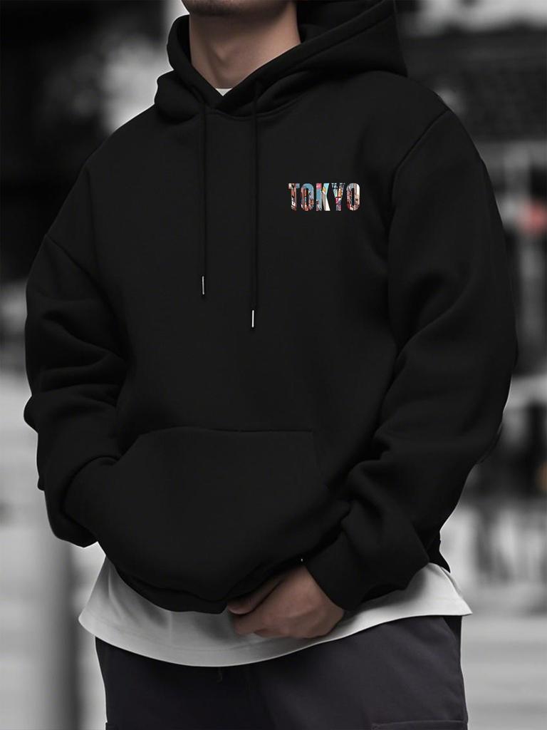 City Building Illustration TOKYO Text Kanji Pattern Men Hip Hop Sports Hoodie, Comfort Oversized Pullover