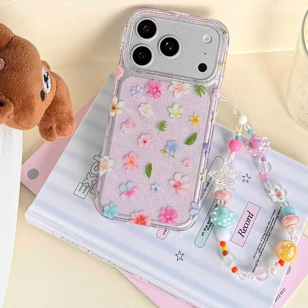 Korean Aesthetic Glitter Flower Chain Case for iPhone 14/15/16/17 Pro Max