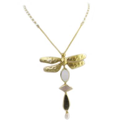 [Q5613] - Handgefertigte lange Halskette 'Cléopatra' grün beige gold (Libellen) - 70 cm - 13x9 cm
