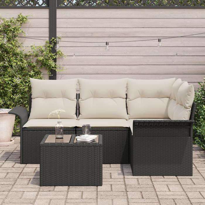 Ensemble de canapé de jardin de 4 pièces avec coussins marron poly rotin, Canapé de jardin 2 places avec rangement 3354016