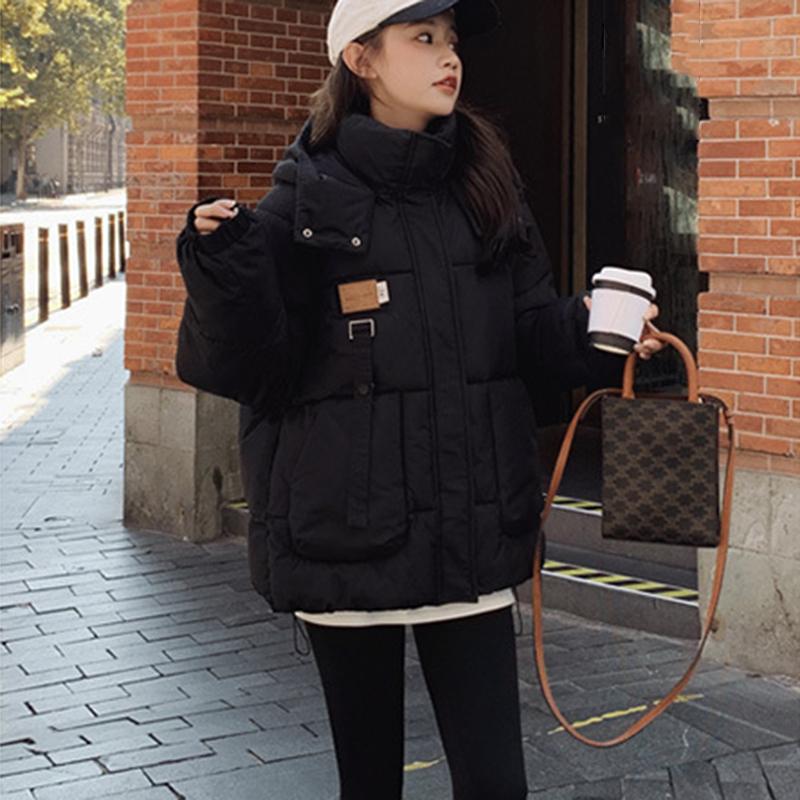 

Осенне-зимняя куртка из хлопка с капюшоном, корейская версия, свободная короткая куртка из хлопка, модная женская повседневная теплая куртка из хлопка S чёрный